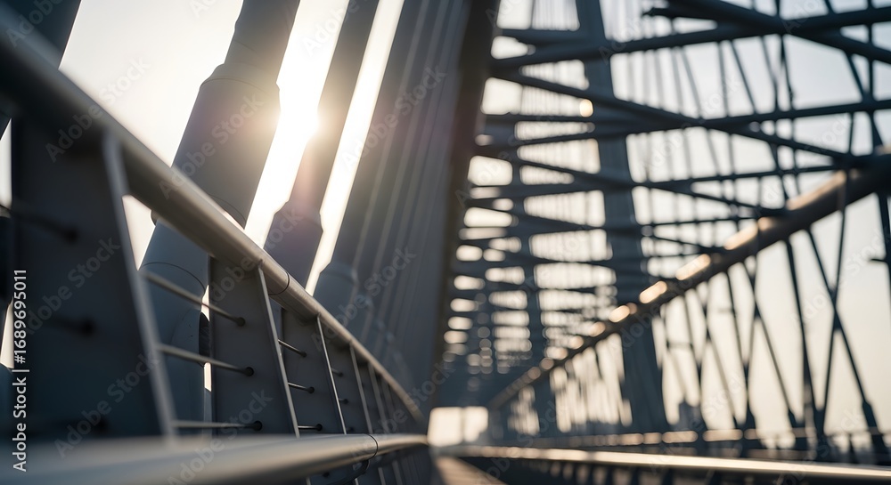 Naklejka premium Modern steel suspension bridge structure against bright sunlight sky detailed view