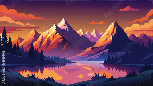 Mountains landscape with lake and forest at sunset. Vector illustration.