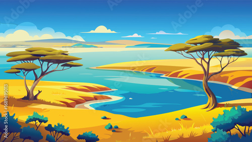 Seascape of african savannah. Vector cartoon illustration.