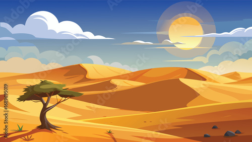 Desert landscape with a tree in the middle. Vector illustration.