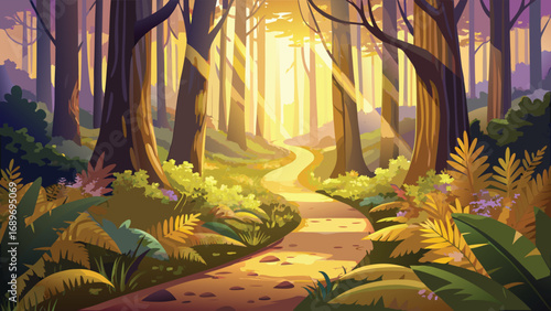 Forest trail in the morning. Vector illustration of a path in the forest.