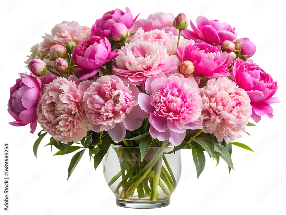 Obraz premium Pink Peony Flowers In Glass Vase Isolated On White Background peonies floral isolated on a transparent background