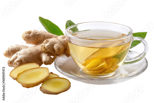 Fresh ginger tea in a clear glass cup, with slices and a root