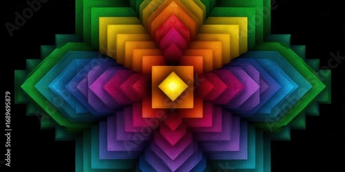 An artistic display of colorful geometric squares arranged in a symmetrical pattern.