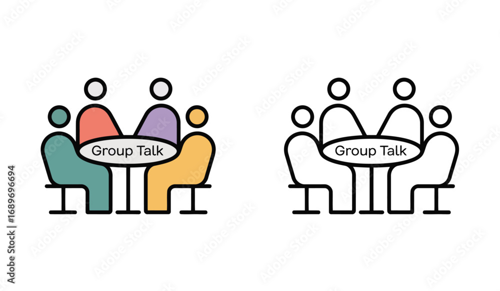 Fototapeta premium Group Talk Icon Set Depicting People Gathered Around Table for Discussion and Communication