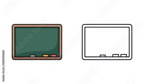 Illustration of a School Chalkboard with Chalk Pieces and its Outline Drawing Counterpart