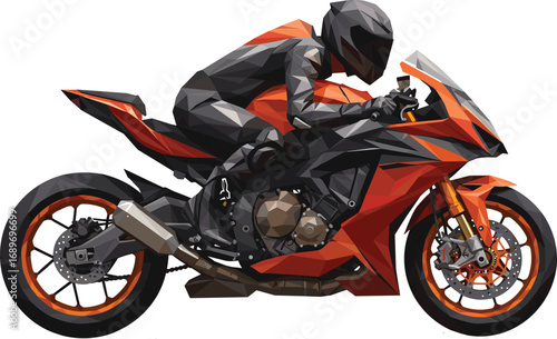 Low poly orange sport motorcycle with rider, polygonal vector illustration, racing bike design, futuristic speed concept, digital artwork, high performance motorbike motion graphic
