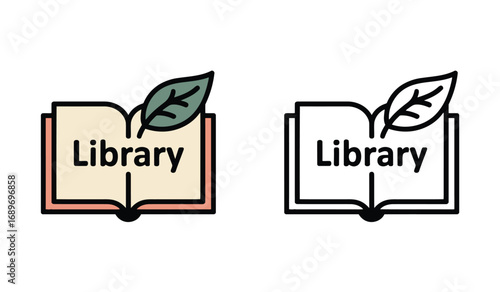 Open Book with a Leaf Icon for "Library" Concept with and without Color