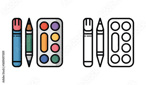 Colorful and Outlined Art Supplies Representing Creativity and Artistic Expression with Markers, Pencils, and Palettes