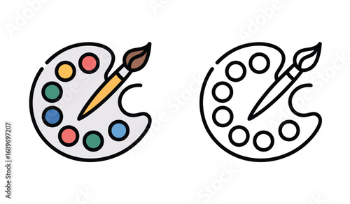 Paint Palettes with Brushes Illustrate Artistic Creativity in Two Styles Offering Different Visual Perspectives
