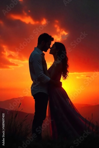 Silhouette of two figures embracing passionately at sunset, fiery sky reflecting their intense connection A powerful image of romantic love and devotion , yellow, shadow