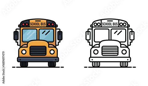 School Bus Illustration Set Depicting Transportation Safety and Educational Iconography Featuring Vehicle Art