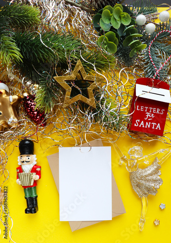 christmas card for children. ballerina and nutcracker figurine on christmas tree	