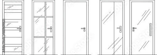 Modern door designs, wooden door, glass door, architectural door sketch, door vector set, interior entry, minimalist frame, CAD door drawing, black outline, closed entrance