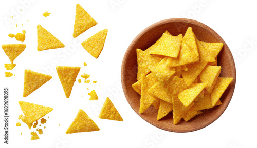 Crispy, triangular tortilla chips scattered and in a bowl