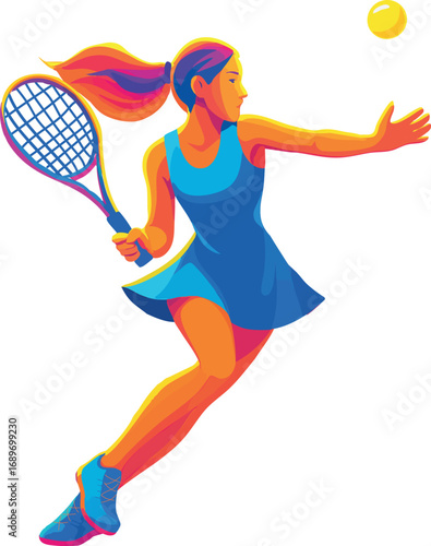 Dynamic modern illustration of a female tennis player in motion with racket. Neon blue, orange, shades, minimalist style, gradient colors. Perfect for sports designs, posters, ads, web and mobile apps