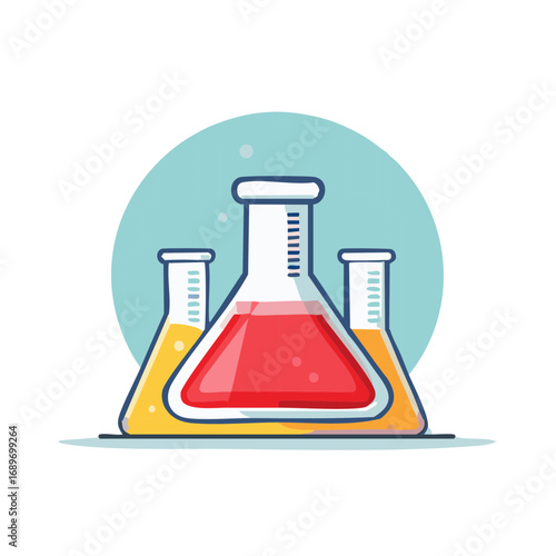 Colorful laboratory flasks with red and yellow liquid for science experiments and education vector illustration