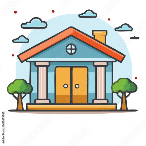 Cartoon illustration of a classic bank or government building with columns