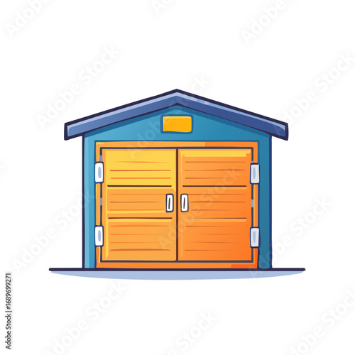Simple Cartoon Illustration of a Blue Garage with Orange Roller Doors and Yellow Sign