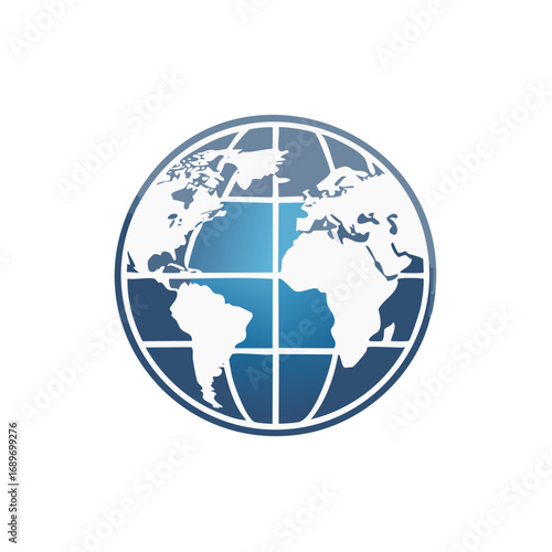 World Globe Icon Continent Design with Blue Gradient and White Landmasses
