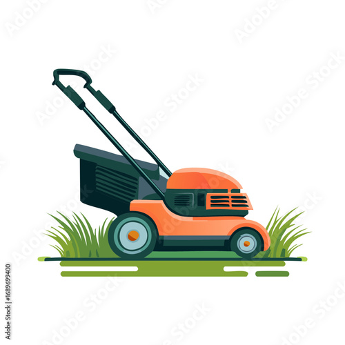 Vibrant orange push lawnmower with grass catcher on green lawn illustration