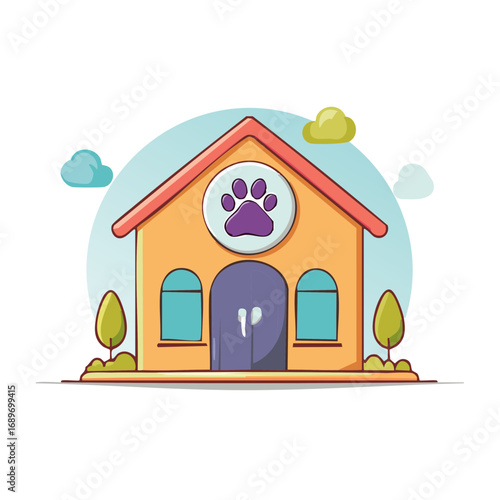 Cartoon veterinary clinic building with paw print logo and trees on a sunny day