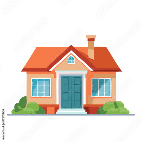 Charming House Illustration Featuring Orange Roof Turquoise Door and Lush Green Bushes