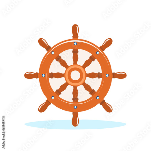 Navigational wooden ship's wheel with blue accents on a simple background