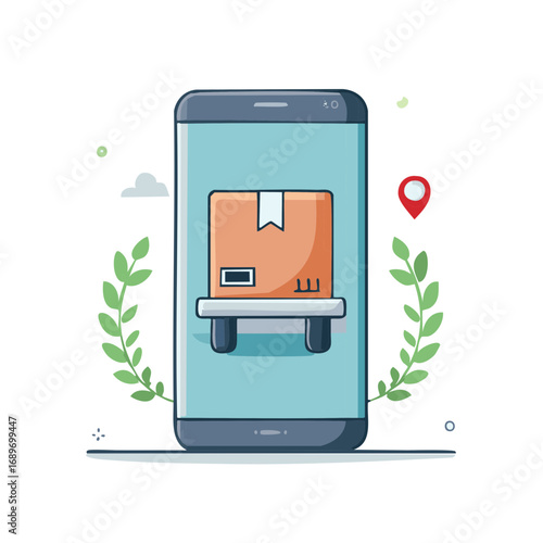 Online order tracking on mobile phone with box, delivery service app