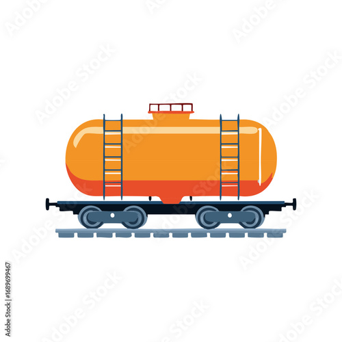 Orange fuel tank car illustration on rails, transportation of cargo and goods concept.