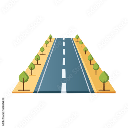 Cartoon asphalt road with white dashed lines bordered by trees on a sunny day