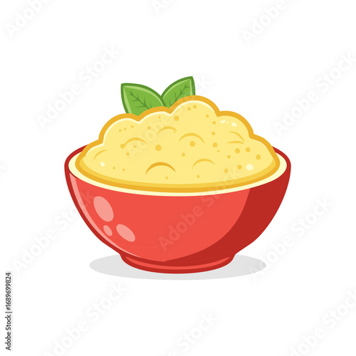 Cartoon bowl of mashed food with two green leaves. Vector illustration.