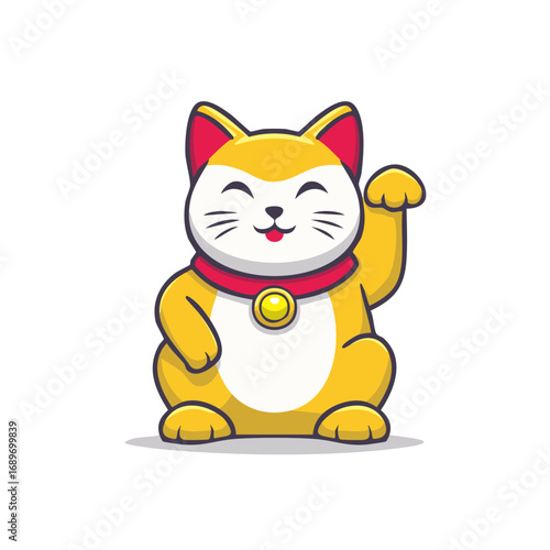 A cute cartoon golden Maneki neko the Japanese lucky cat waves its paw for good fortune and prosperity