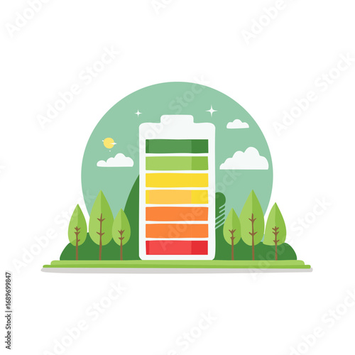 Colorful battery level indicator graphic with trees and sun for green energy concept