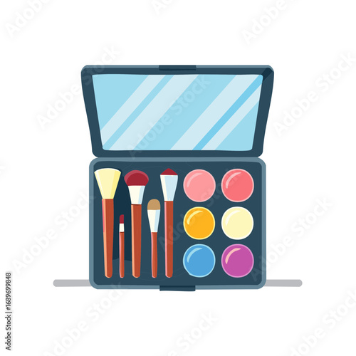 Open makeup palette with brushes and colorful eyeshadows