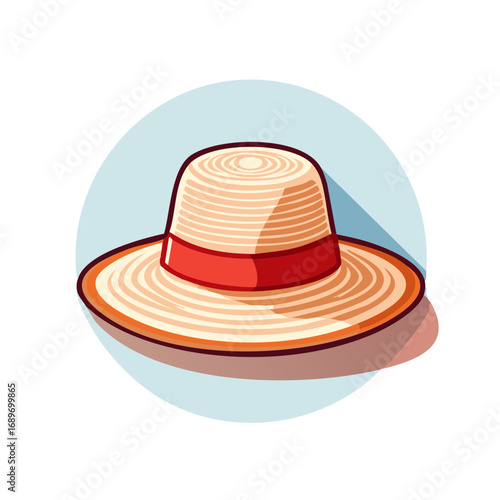 Stylish straw hat illustration with red band against blue background
