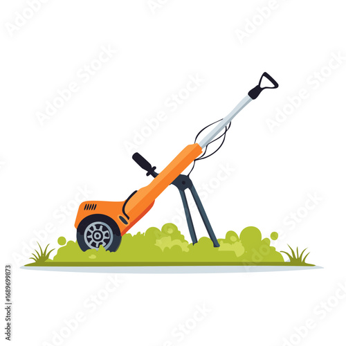 Orange Garden Tiller Working in Green Soil Flat Vector Illustration