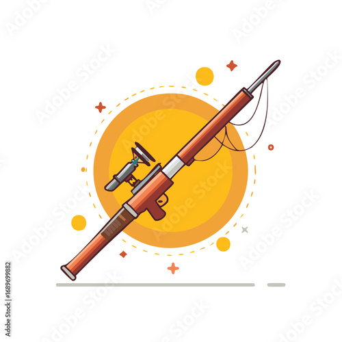 Spear Gun Illustration with Telescope Sight and Yellow Sunburst for Underwater Hunting