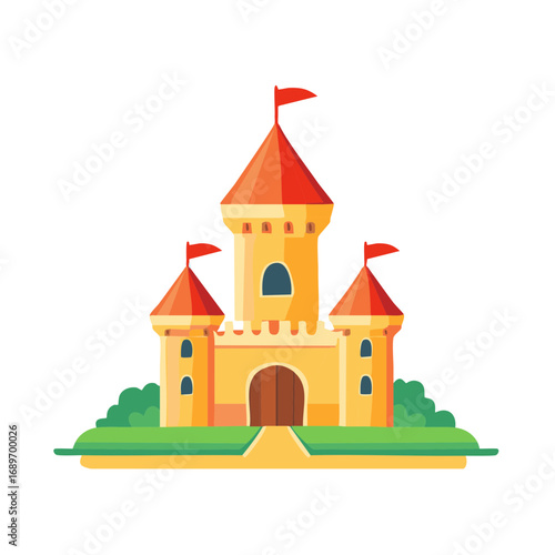 Whimsical yellow castle with red flags and green landscape on white background