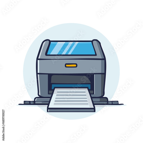 Office printer machine printing a paper document vector flat cartoon icon illustration