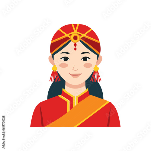 Cartoon woman in traditional clothing with headdress and earrings, isolated on white background