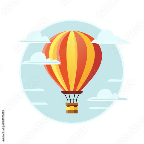 Vibrant hot air balloon ascending into a cloudy sky, cheerful travel and adventure illustration