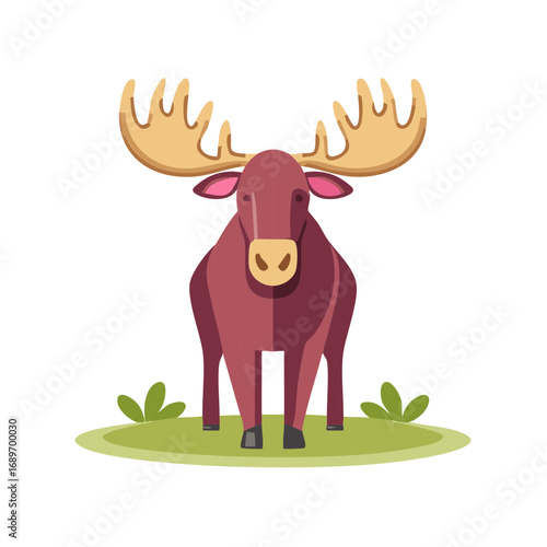 Friendly cartoon moose with large antlers standing on green grass vector illustration
