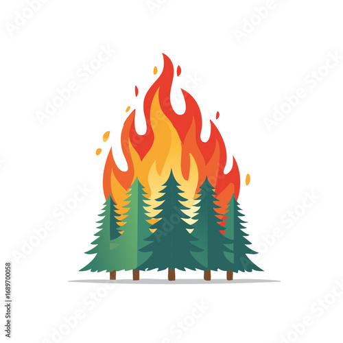 Forest engulfed in wildfire flames illustration concept, depicting destruction and the impact on nature and environment.