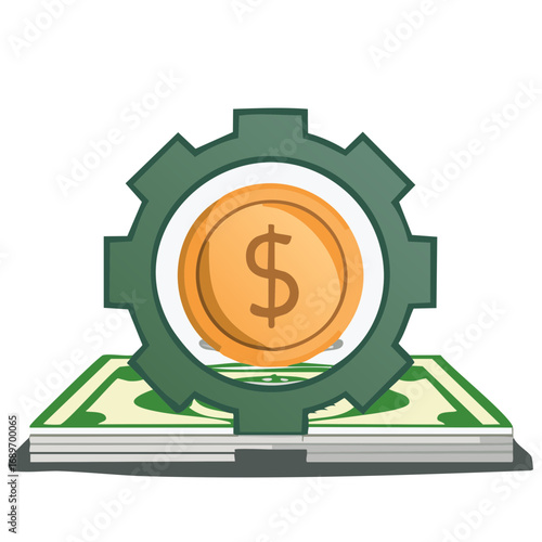 Financial Gear with Dollar Sign and Money Symbol. Business Concept Illustration.