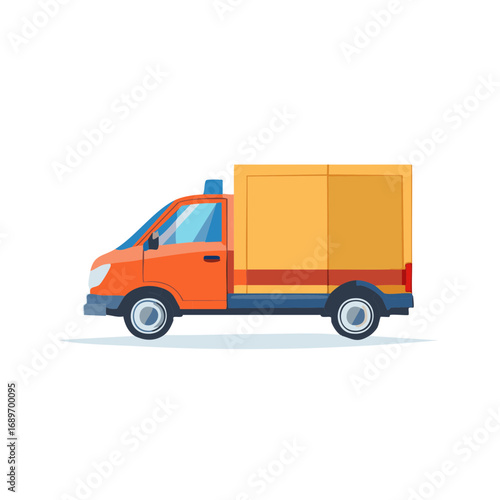 Flat illustration of a delivery truck with a box on the back, orange, blue, and yellow colors