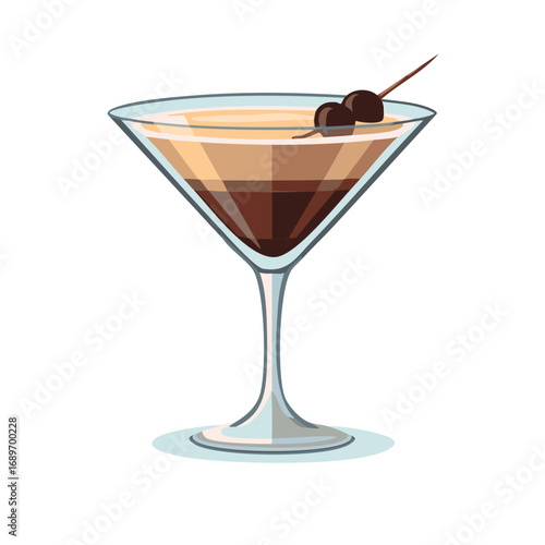 Layered Martini Cocktail in Stemmed Glass with Cherry Garnish Isolated Illustration