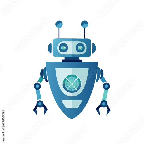 Cartoon illustration of friendly robot character in blue color.