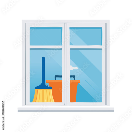Clean home illustration of cleaning supplies behind a closed window pane on a bright day.