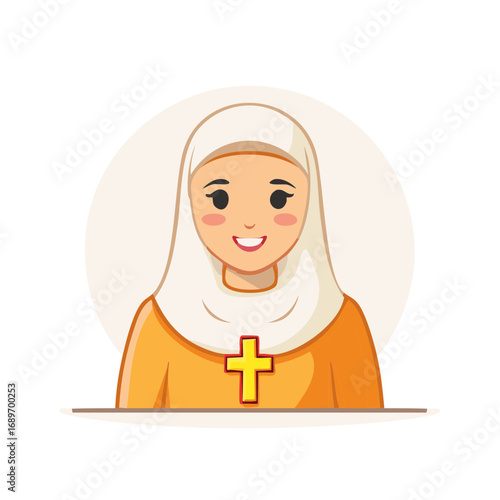 Smiling Catholic Nun Cartoon with Golden Cross in Habit Illustration